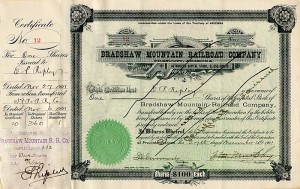 Bradshaw Mountain Railroad Co. signed by E.P. Ripley - 1901 dated Stock Certificate - Atchison, Topeka & Santa Fe Railway System